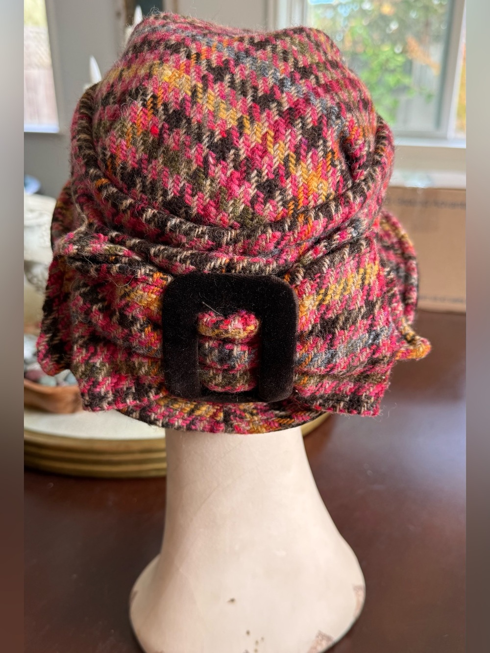 Grevi Plaid Wool Cloche Hat in Pink, Brown and Yellow